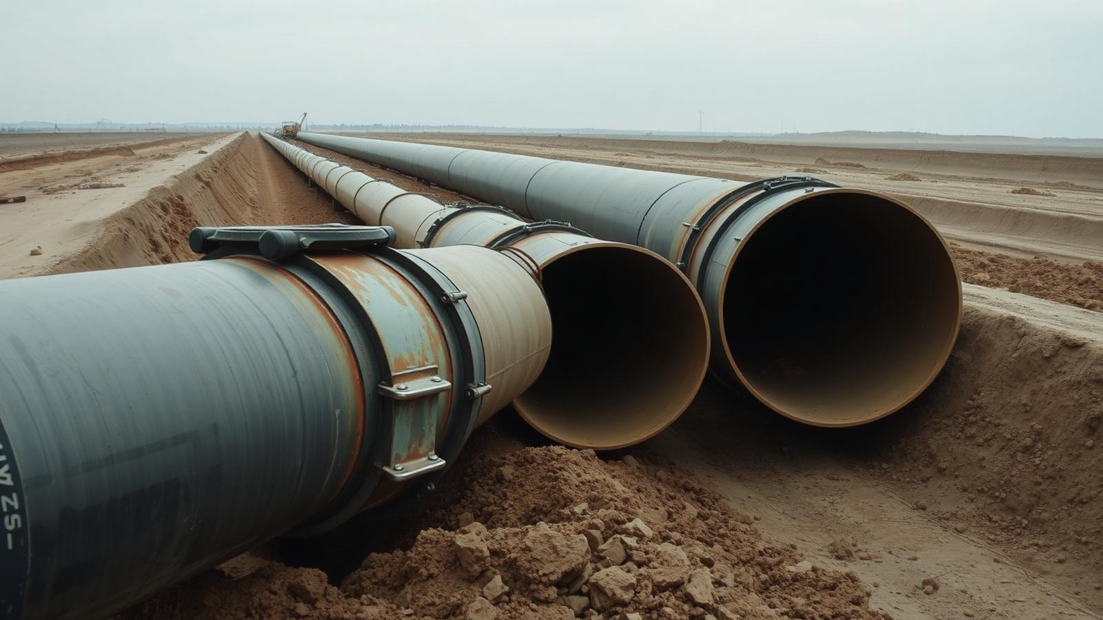 Welded steel pipeline sections in a trench