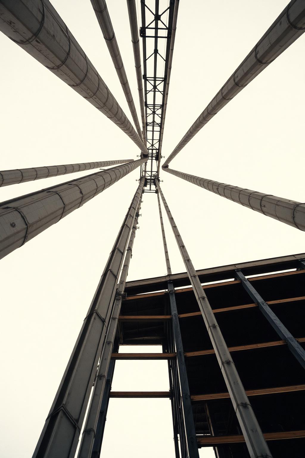 Looking up at a steel high-rise frame