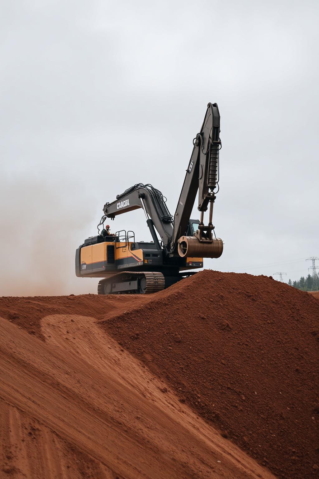 Excavator moving earth on a prepared site